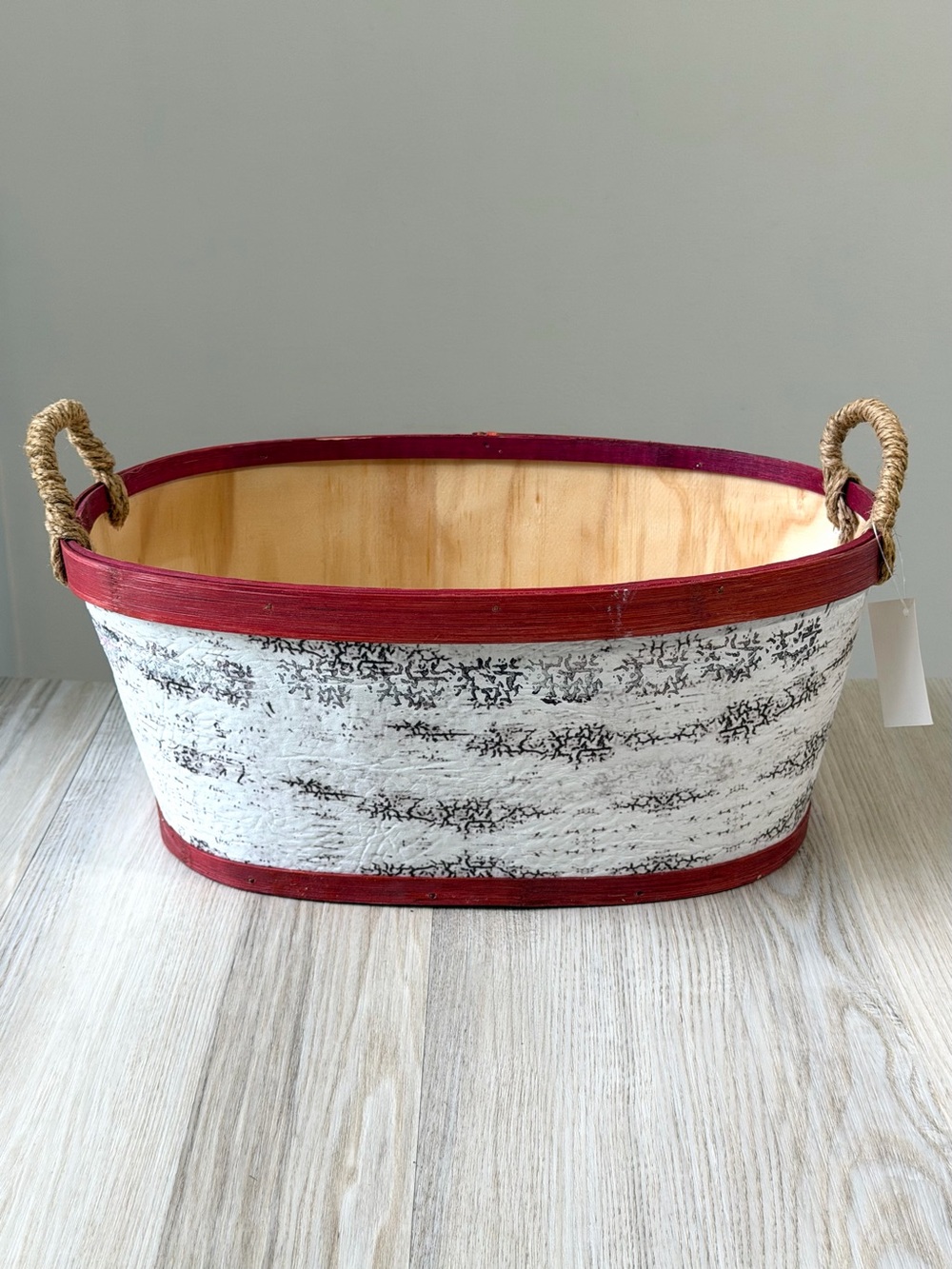Rustic Oval Wooden Basket Birch Bark Style Red Rims Rope Handles Harry & David